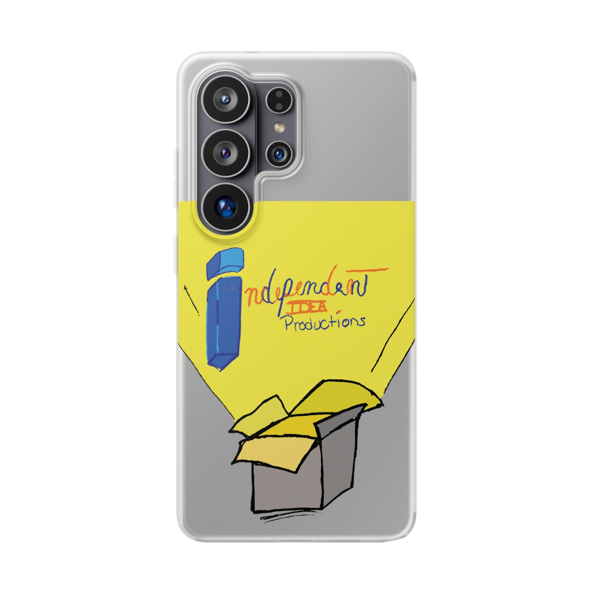 Bright Yellow 'Independent Productions' Clear Phone Case — Illustrated Box & Logo Design