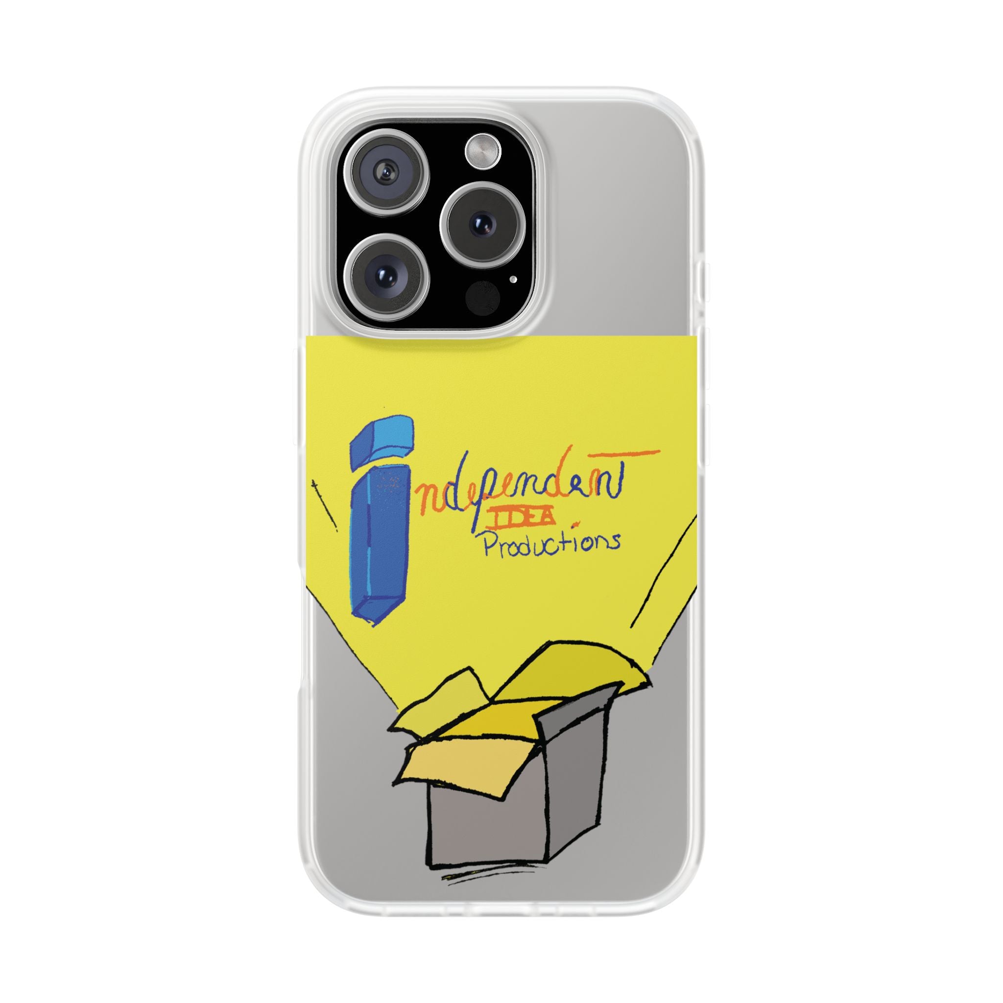 Bright Yellow 'Independent Productions' Clear Phone Case — Illustrated Box & Logo Design