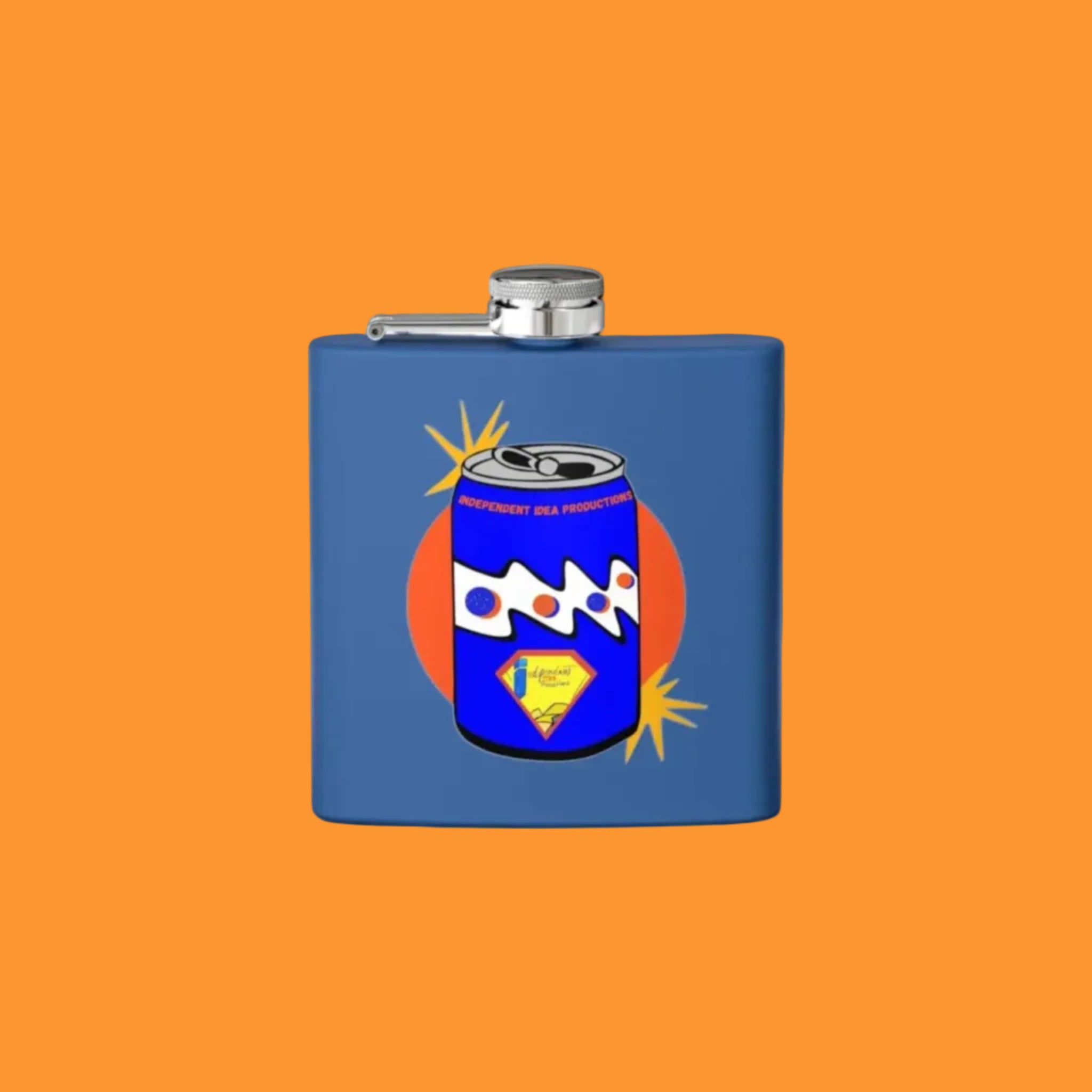 Blue flask with a graphic design of a can on a white background