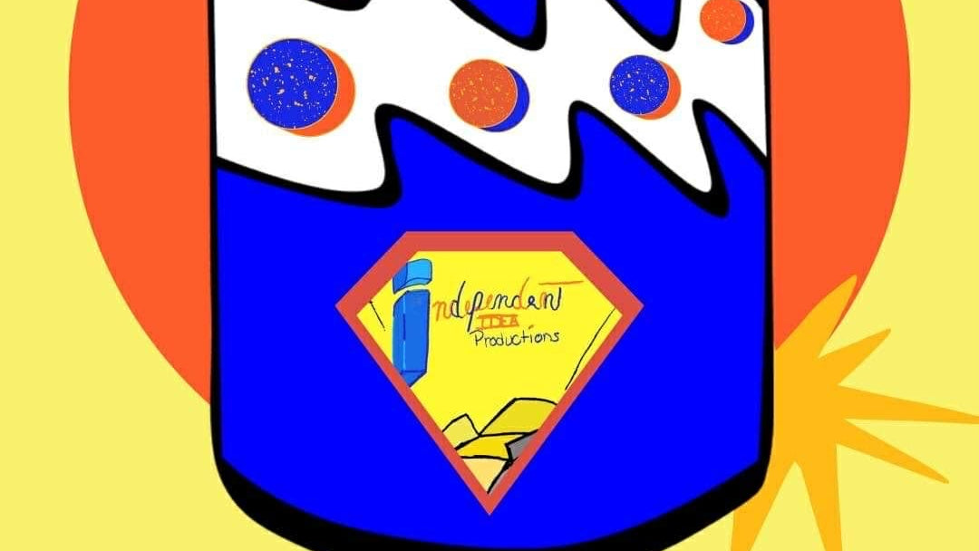 Blue can with white and red design on a yellow background